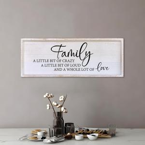 Family A Little Bit Of Crazy Sign Wall Decor 32"12" Rustic Farmhouse Living Room Large Soild Wood Framed Hallway Hanging Sign Aesthetic Inspirational Quotes Entryway Home Wall Art (White)