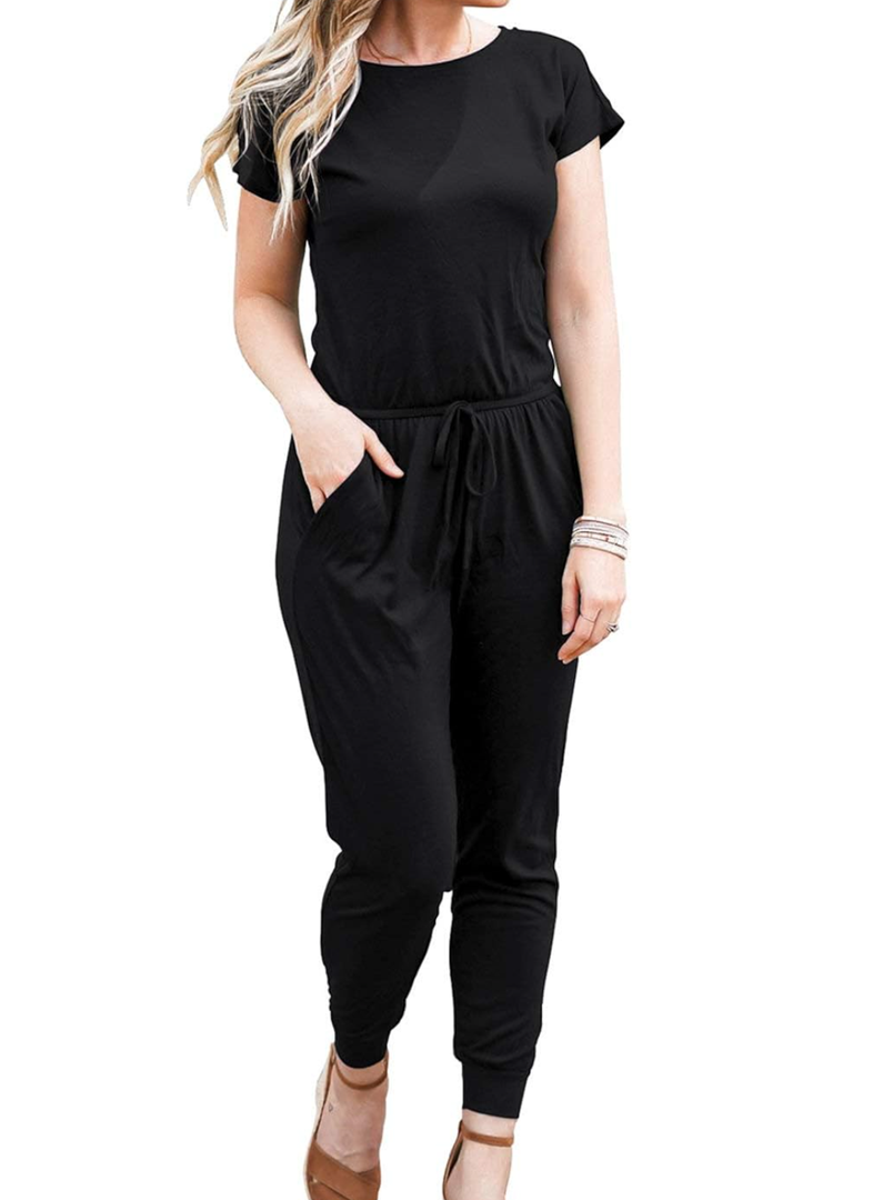 Womens Casual Short Sleeve Jumpsuits Elastic Waist Jumpsuit with Pockets M