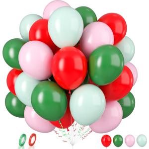 Biapian Red and Green Balloons, 60PCS Christmas Party Balloons, 12Inch Matte Red Dark Green Latex Balloons Pastel Pink Green Balloons for Birthday Baby Shower New Year Xmas Christmas Party Decorations