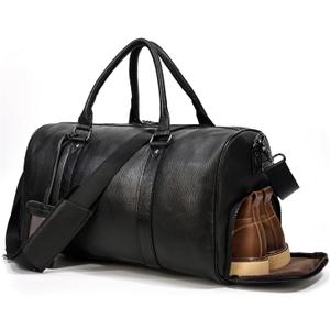 Genuine Leather Travel Bag Unisex Weekender Bag, Airplane Carry-On Luggage with Multi Compartments for Travel Gym, Black