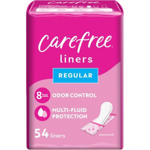 Carefree Panty Liners for Women, Regular, Wrapped, Unscented, 54ct | Pantiliners, Carefree Liners, Daily Liners for Women, Light Periods and Leaks, 8-Hour Odor Control | 54ct (Packaging May Vary)