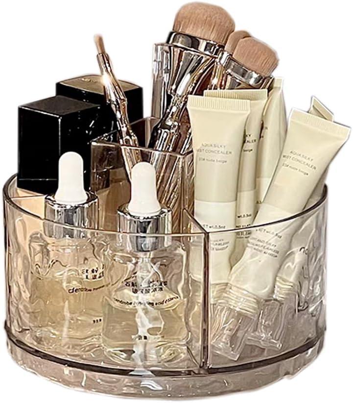 MINDFARGE Multifunction Cosmetic Organizer, Rotating Makeup Brush Holder with Multi-Compartment Design, Countertop Organizer for Vanity, Bathroom Counter, Pantry, Cabinet (Transparent Ripple)