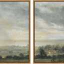 InSimSea 2 Pcs Framed Wall Art Vintage Landscape Decor, Vastness Valley Scene Painting Above Bed Wall Decor, Canvas Prints, Living Room Bedroom Retro Country Decorations, 16"x24", set of 2 (High Cloudy Sky)