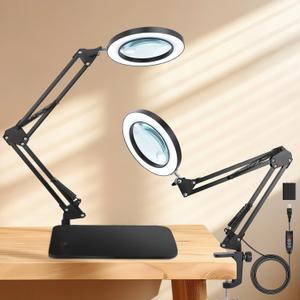 10X 20X Magnifying Glass with Light and Stand and Clamp, 2-in-1 Desk Magnifier for Reading with 3 Color Modes Lighted, Magnifying. Glass with Stand Adjustable Magnifiers with Light Hands Free