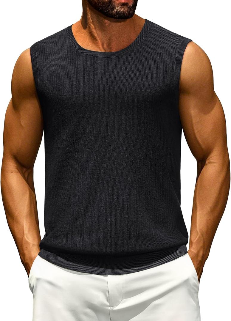 Cotrasen Mens Casual Tank Tops Ribbed Knit Sleeveless Shirt Lightweight Tee Summer Muscle T-Shirts (Black)