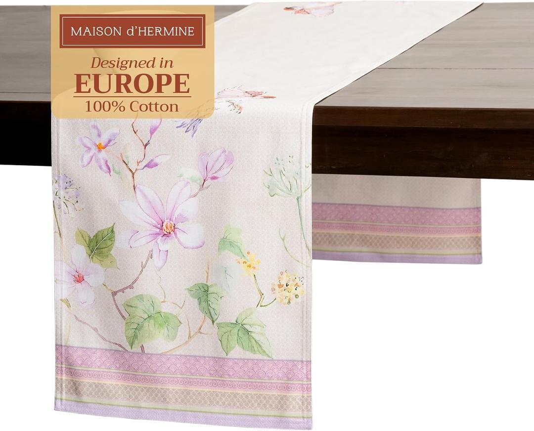 Maison d' Hermine Tablerunner 100% Cotton Table Runner Decorative Table Runners for Home, Wedding, Restaurant, Buffet & Camping, Magnolia Mornings (Double Layer) - Spring/ Summer (14.50"x72")
