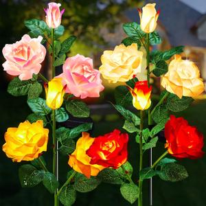 Brightown Outdoor Solar Garden Lights - 4 Pack LED Flower Lights with Realistic Rose, Bigger Solar Panel, Waterproof for Yard & Patio Decorations