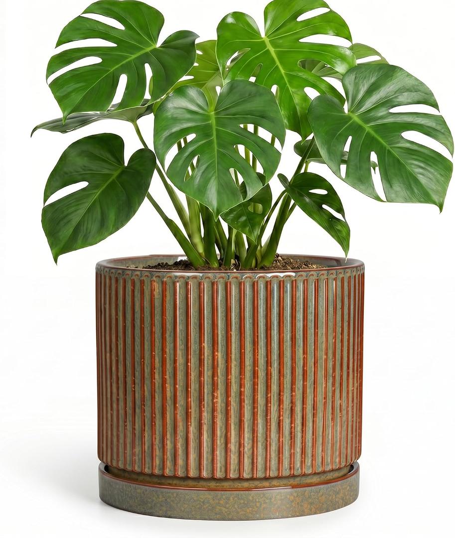 Ceramic Plant Pots, 8 Inch Planter, Round Plant Pot, Retro Brown