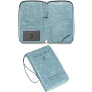 Leather RFID Blocking Passport Holder Travel Wallet, Passport Cover/Travel Wallet for Women/Men with (Light Blue)