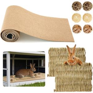 9 Pcs Rabbit Scratch Mat Bunny Accessories, 12 Inch x 3.3 ft Self Adhesive, Rabbit Grass Mats, Bunny Chew Grass Balls, Natural Sleeping Nesting Cage Mat Rug for Guinea Pig Small Animals