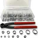 200 Pcs 304 Stainless Steel Stepless Single Ear 5-33mm Hose Clamps with Pincers Crimper Tool Kit | Securing Pipe Hoses Automotive | Cinch Rings Pinch Clamp, Crimp Clamp Assortment PEX Crimping