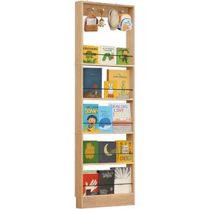 Behind The Door Bookshelf Kids Wooden Behind Door Bookcase 5-Tier Oak, 23.6''Lx3.94''Dx72.85''H