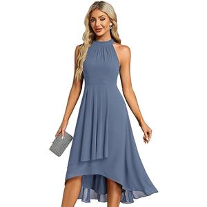 Women's Halter Neck Pletaed Sleeveless Hi-Lo Chiffon Wedding Guest Dress  (9-10 Years, Blue)
