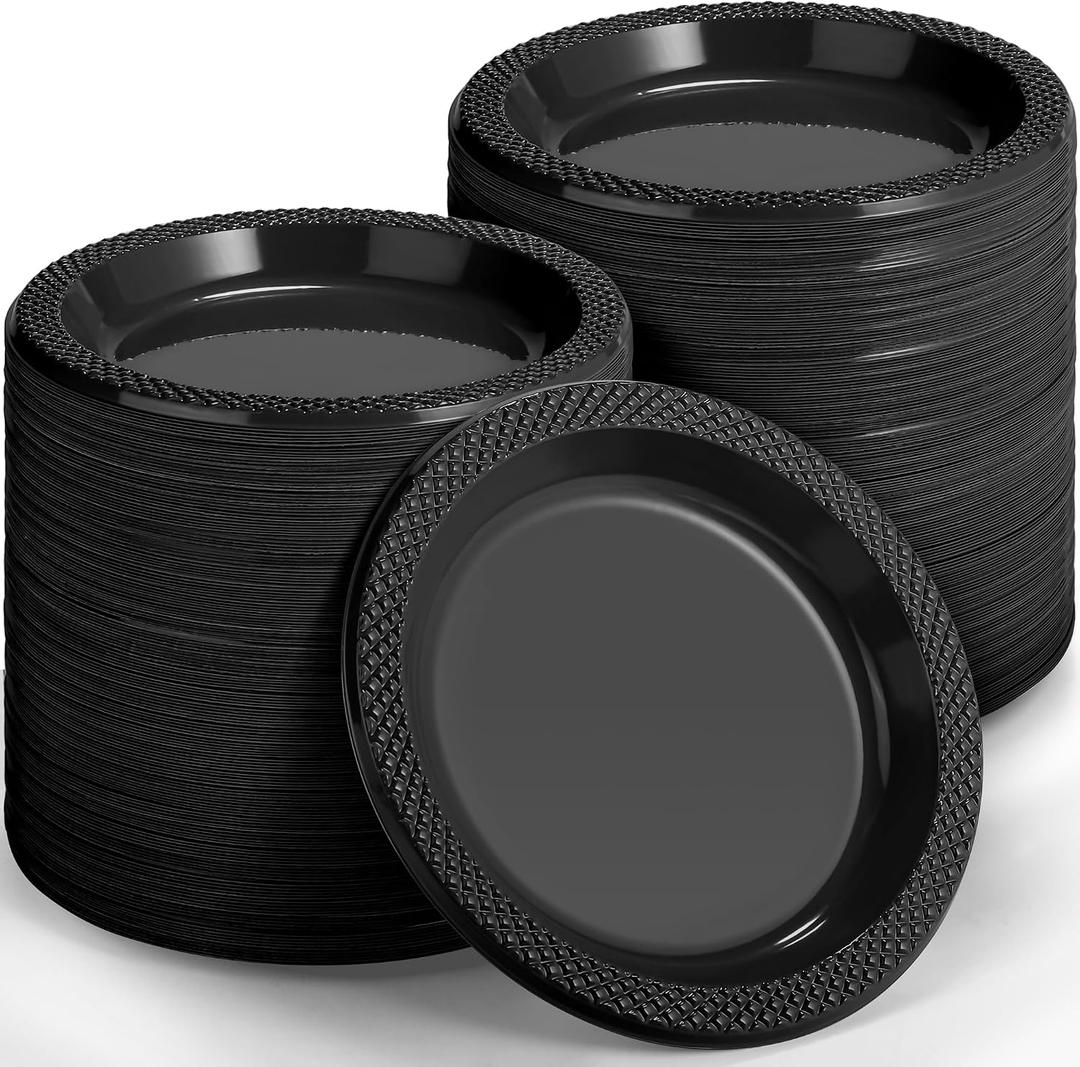 Kochorie 300-Pack Black Disposable Plastic Plates 6 Inch Round Dessert Dinner Plate Food Grade BPA Free Heavy Duty Wedding Cake Bulk for Events, Weddings, Birthdays, Graduation