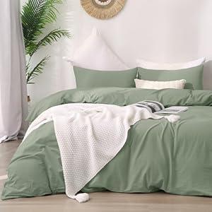 ATsense Duvet Cover Queen Size, 100% Washed Cotton, Linen Feel, Malachite Green Comforter Cover, 3 Pieces Bedding Set, Soft and Breathable, Premium Luxury Hotel Style, Farmhouse Style