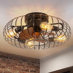 21'' Low Profile Ceiling Fan with Light Remote Control,E26 Caged Ceiling Fan with Lights, Industrial Ceiling Fans Flush Mount,6 Speeds Enclosed Bladeless Ceiling Fan, Black 