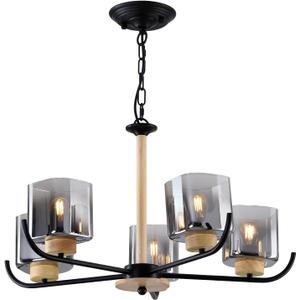 5 Light Glass Chandelier Adjustable Height for Dining Room Bedroom Kitchen Living Room 26.3" Wide E26 Base Black and Wood