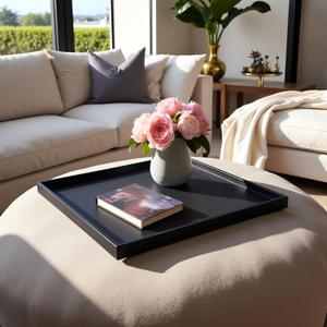 25 x 25 inches Luxury Leather Square Oversized Service Tray, Ottoman & Coffee Tray for Family Dinner, Out-of-House Picnic & Party 25 inch Black