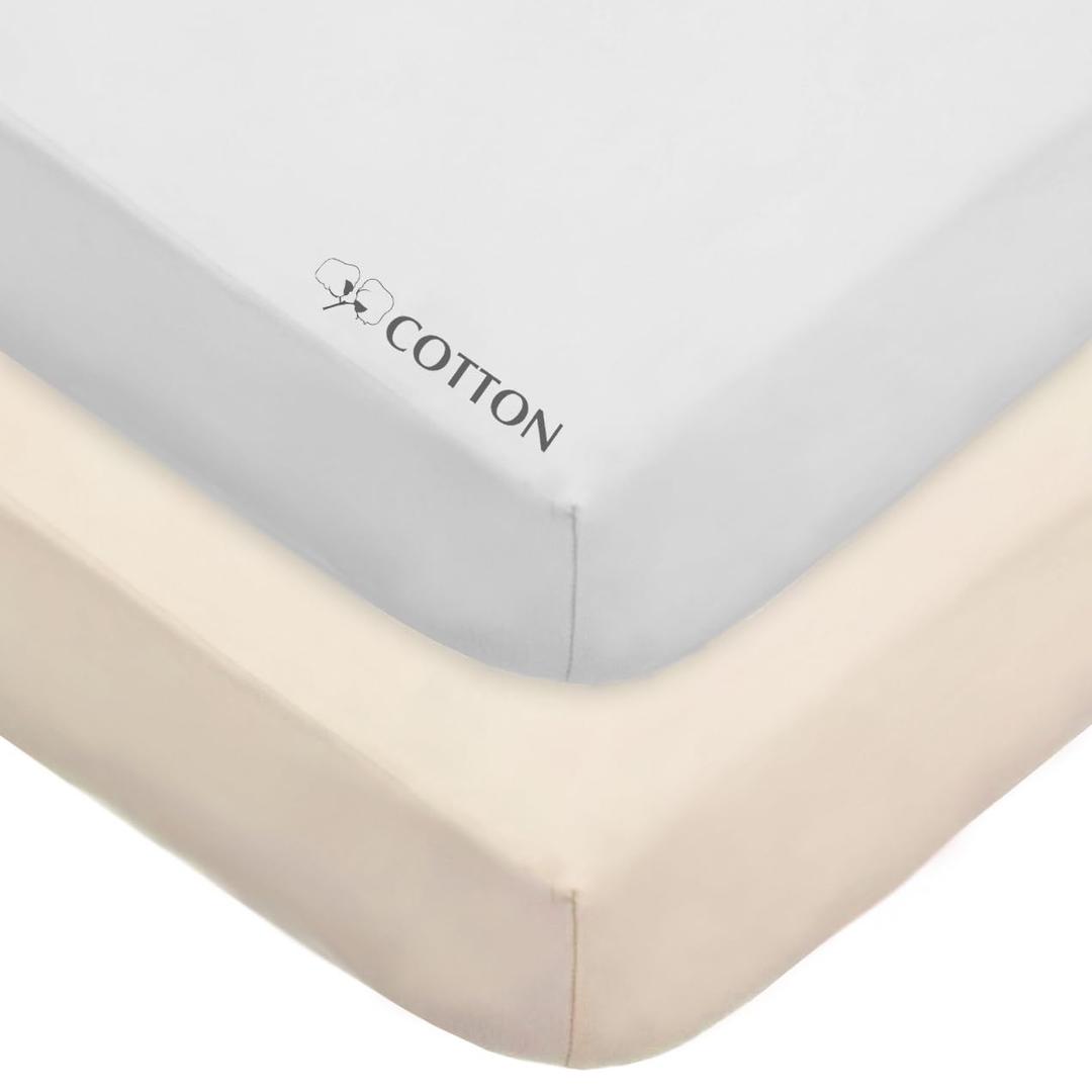 American Baby Company 2 Pack 100% Natural Cotton Fitted Crib Sheets 52" x 28" - Soft, Breathable, Hypoallergenic & Gentle Toddler Bed Sheets, Cream and White, Neutral for Boys & Girls