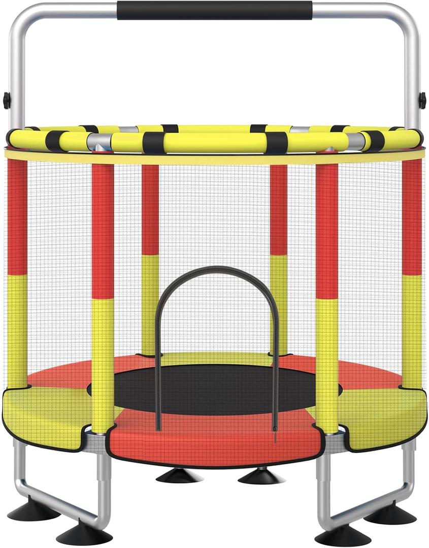 Trampoline for Kids, Upgrade Full Anti-Rust 440lbs Indoor Outdoor Toddler Trampoline with Net, 55" Adjustable Baby Toddler Trampolines Accessories Dart Board (48", Red Yellow)