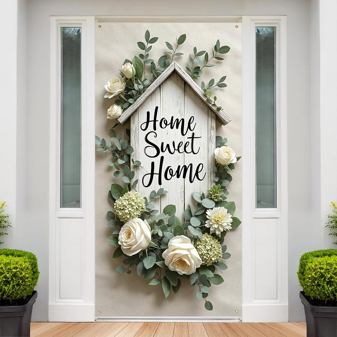 Home Sweet Home Door Cover Housewarming Party Decorations Door Banner Welcome Home Floral Backdrop Decor Greenery Leaves New Home Party Photography Background Sign Bridal Shower
