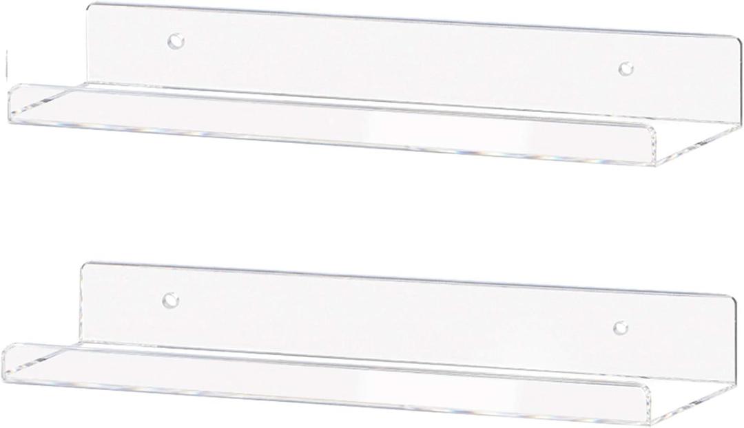 Weiai Clear Acrylic Shelf 15" Invisible Floating Wall Ledge Bookshelf, Kids Book Display Shelves Wall Mounted (15 Inch 2Pack)