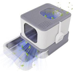 RIZZARI Enclosed Cat Litter Box with Lid, Large Foldable Litter Box with Litter Scoop, Top Entry Cat Toilet for Kittens and Big Cats (Light Gray,Stainless Steel with Deodorizer, X-Large)