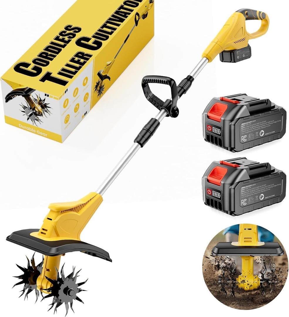 21V Cordless Tiller Cultivator, 360 Max RPM Cordless Electric Garden Tiller with 2 * 3.0 Ah Battery & Fast Charger, 9.06" Tilling Width, 6.3" Depth, Portable Rotary Tiller for Lawn Soil Cultivation