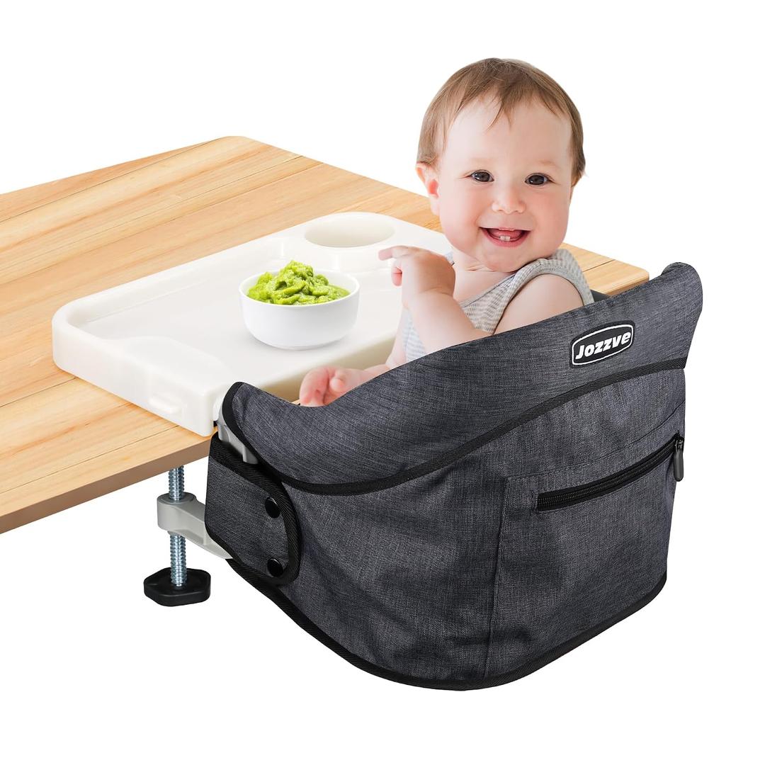 Hook On High Chair with Detachable Tray, Portable Foldable Clip On Baby Travel High Chair, Lightweight Feeding Seat with Storage Bag, BPA-Free Safety Harness for Home Restaurant (Black)