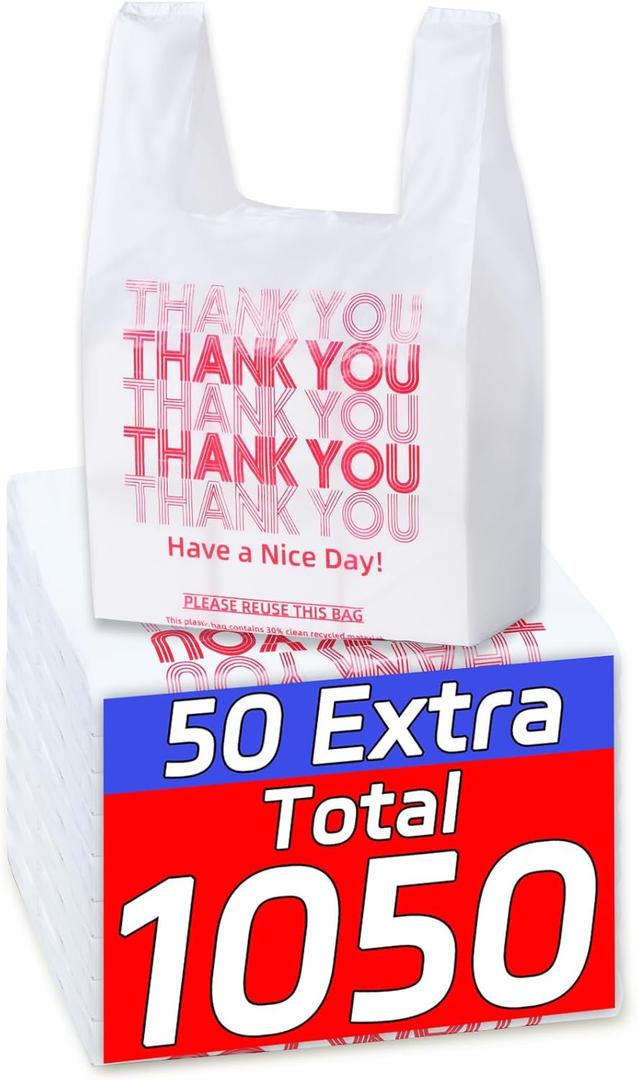 1050 Count Plastic Bags with Handles, T-Shirt bags, Thank You bag, Grocery bag, Shopping bag, for Small Business, White and Reusable, 1/6 Barrel, Large Size 11"x6"x21"