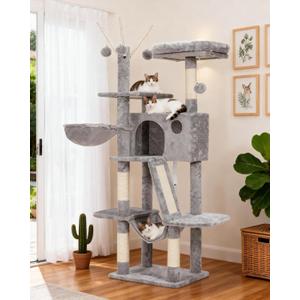 Hey-brother Cat Tree, 53 inch Cat Tower for Indoor Cats, Cat House with Padded Platform Bed, Toy Balls, Large Cozy Condo, Hammocks and Sisal Scratching Posts, Light Gray MPJ019-SW