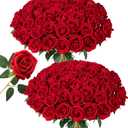 HyeFlora 50 PCS Red Roses Artificial Flowers, Fake Roses with Stems Realistic Silk Roses for DIY Wedding Bouquets Tables Centerpieces Arrangements Party Baby Shower Birthday Home Decor Gift for Her