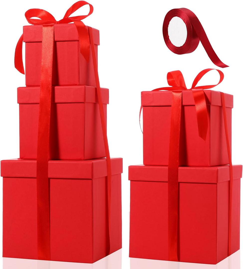 Cholemy 5 Pcs Square Nesting Boxes Decorative Gift Boxes with Lid and Ribbon Assorted Sizes Wrap for Valentines Day, Engagement, Anniversary, Birthday, Bridal Shower Party Gifts(Bright Red)