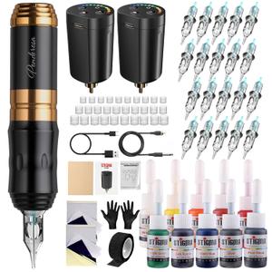 STIGMA Wireless Tattoo Gun Kit Complete with Pro Short Pen, 2 Batteries, 20 Tattoo Cartridge Needles, Color Set, Full Tattoo Accessories STP35TI4002-9