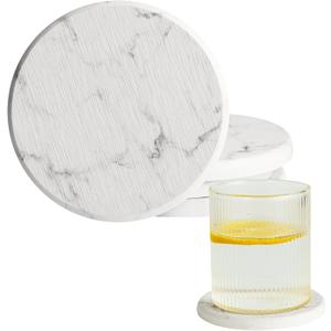 Stone Coasters for Drinks, Set of 4 (Dia. 4 in), Quick Absorbent Diatomaceous Earth Coaster with Aesthetic Marble Pattern, Desk & Coffee Table Decor, House Warming Gifts New Home - White
