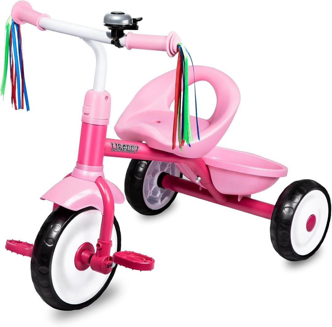 Liberry Toddler Tricycle Age 2 3 4 Years Old, Kids Trike with Bell, Back Basket and Removable Pedal, 3 Wheel Bike Birthday Toys Gift for Girls Boys, Pink