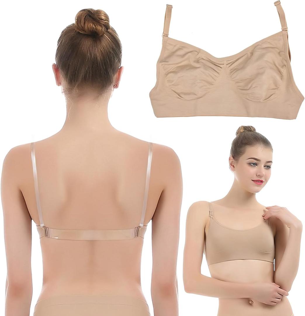 iMucci Professional Beige Clear Back Bra NO Sponge - Seamless Backless Freebra with Adjustable Clear Straps for Ballet Dance Party Adult Women Cup A B
 (Medium, Beige)