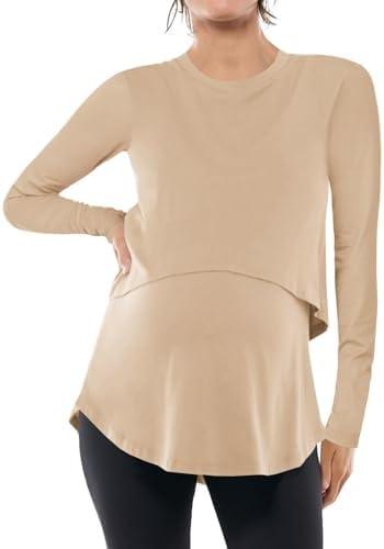 Tankaneo Womens Maternity Nursing Tops Long Sleeve Double Layer Breastfeeding Shirts Pregnancy Clothes L