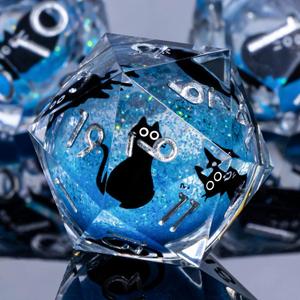 Roycevon Resin DND Dice Set with Gift Box, 7Pcs Liquid Core Cat D&D Dice, Cute Dungeons Dragons D and D Dice, Sharp Edge Role Playing Game Dice D20 D12 D10 D8 D6 D4, Blue