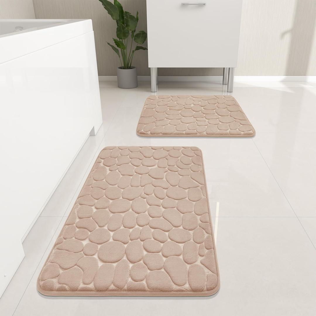 YIHOUSE Bathroom Rugs Mat Set 2 Piece Khaki, Memory Foam Bath Mats Sets, Non Slip Water Absorbent Washable Bath Rugs for Sink, Toilet and Floor