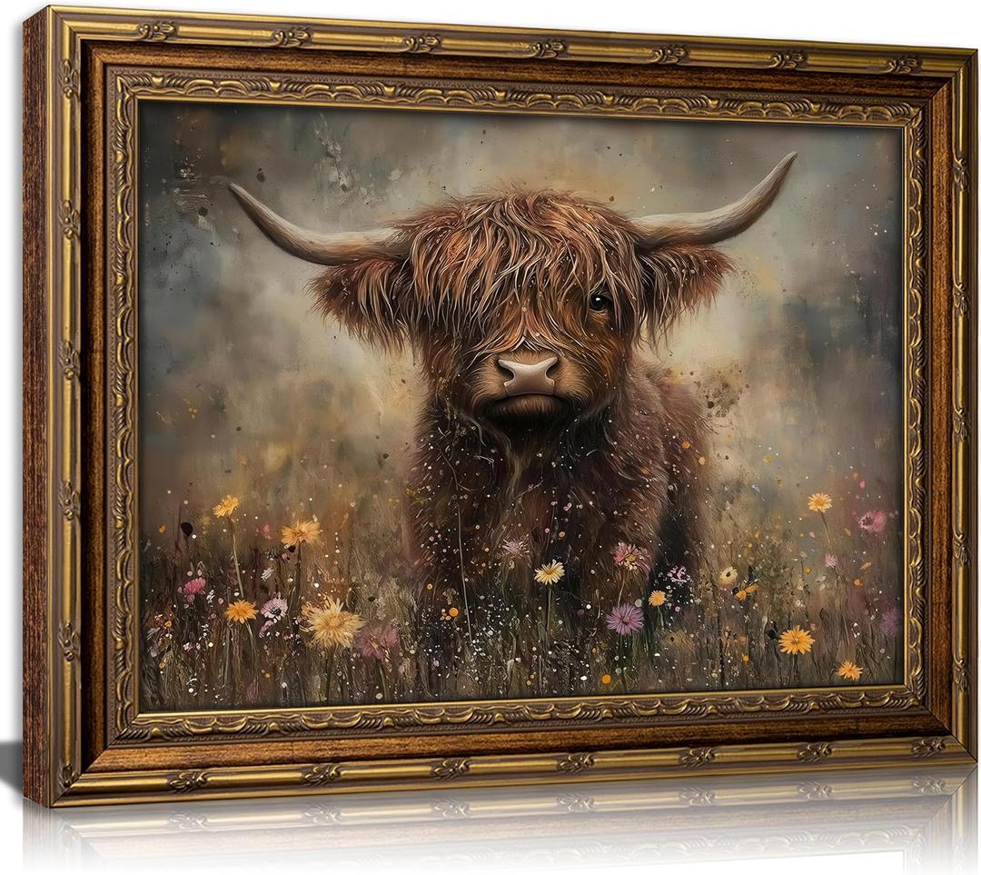 Vintage Gold Framed Highland Cow Wall Art, Moody Cow in Wildflowers Painting Canvas Prints, Retro Farmhouse Animal Picture Wall Decor, Spring Animal Poster Artwork for Bathroom Restroom Living Room, 24"L x 16"W