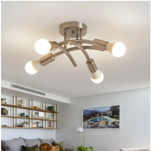 5-Lights Kitchen Lighting Fixtures Ceiling, Semi Flush Mount Ceiling Light, Modern Light Fixtures Ceiling Mount, Mid Century Industrial Sputnik Chandelier for Bedroom, Living Room(Brushed Nickel)
