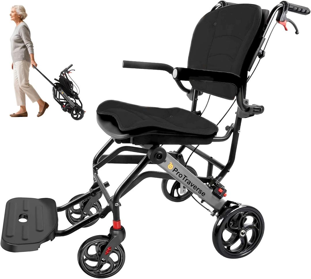 Wheelchairs for Adults,Transport Wheelchair Lightweight Foldable with Removable Cushion,Transport Chair,Ergonimic Travel Wheelchair with Telescopic Handle,Gifts for Grandpa,Black