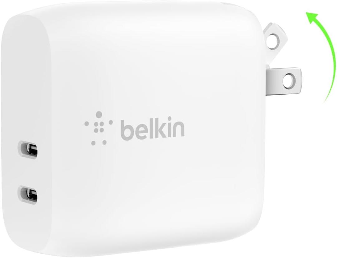 Belkin 40W Dual Port USB C Wall Charger Block - USB C Fast Charging for Apple iPhone, iPad, Samsung Galaxy Phone, & More - Programmable Power Supply Tech - Folding Prongs - White