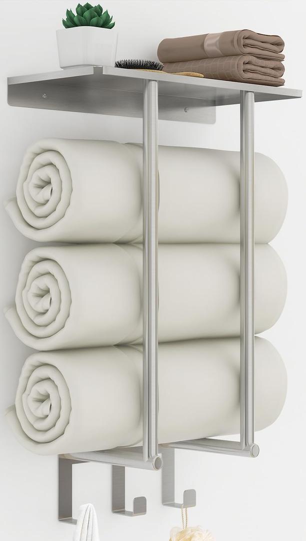 Towel Racks for Bathroom Wall Mounted, Bethom Towel Rack with Shelf and 3 Hooks, Brushed Nickel Towel Storage Holder Wall for Large Rolled Towels (Round Tube)