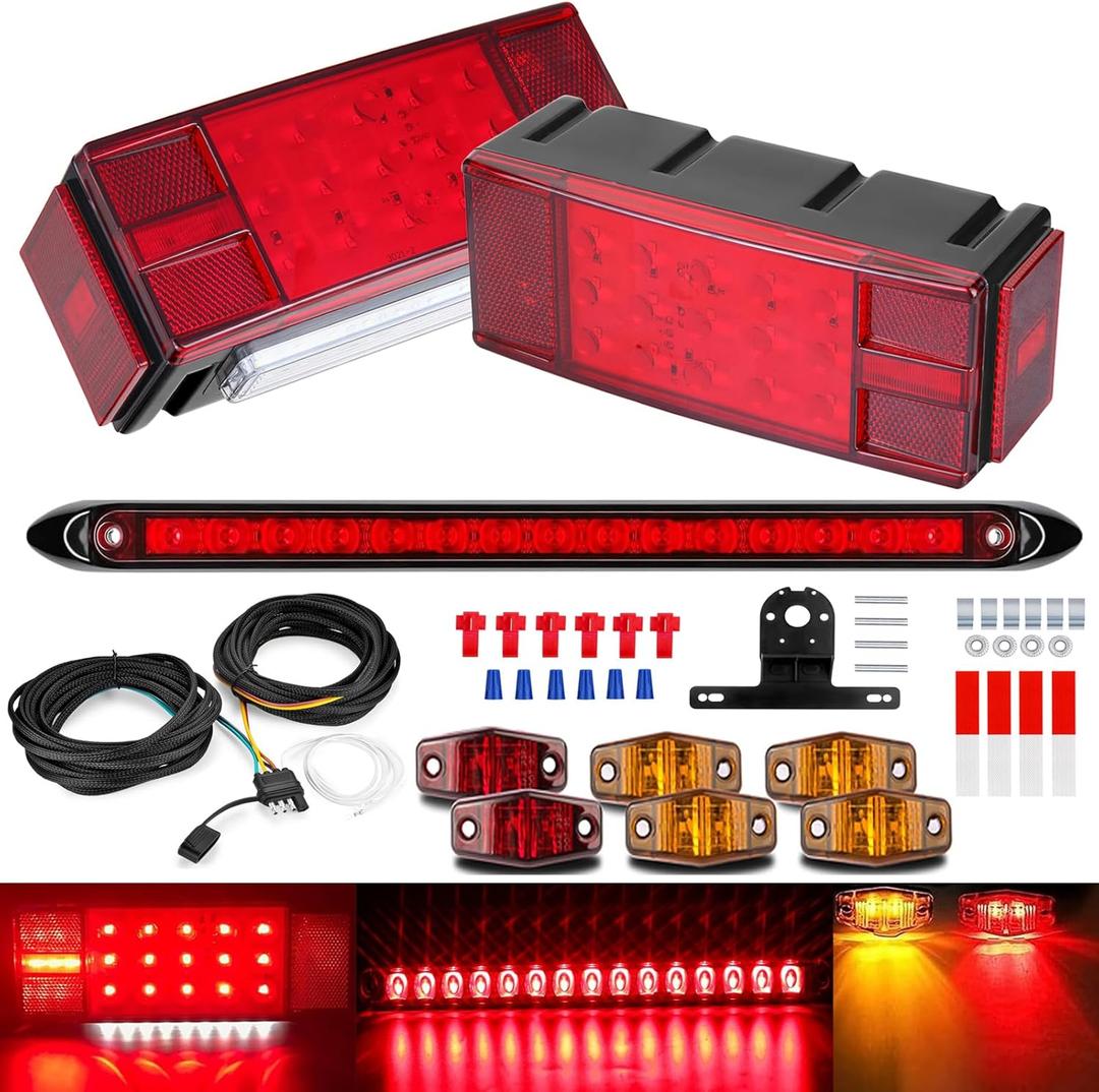 LIMICAR LED Submersible Boat Trailer Light Kit with 25 FT Wiring Harness, Stop Brake Turn Tail Lights, Amber Red Marker Lights and 13.7 Inch Third Brake Light Bar for Truck RV Utility Trailer