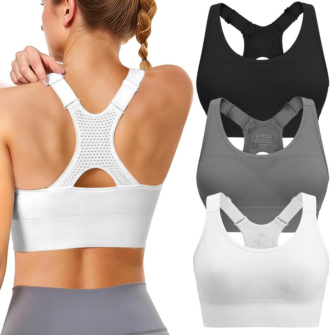 Adjustable Sports Bras for Women: 3 Pack High Support Padded Racerback Sport for Large Bust Workout Running Gym (Black/Grey/White), XXL