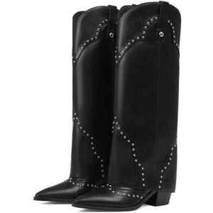 Shark Fold Over Cowboy Cowgirl Boots Studded - Knee High, Tall, Western, Slouch, Pointed Toe, Pull on, Fashion Boot, Dress
, Size 8