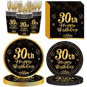 120Pcs 30th Birthday Party Supplies Plates Napkins Cups Forks Tableware Set Gold Black Happy 30th Birthday Themed Disposable Tableware Decoration Serves 24 Guests for Men Women 30 Years Old