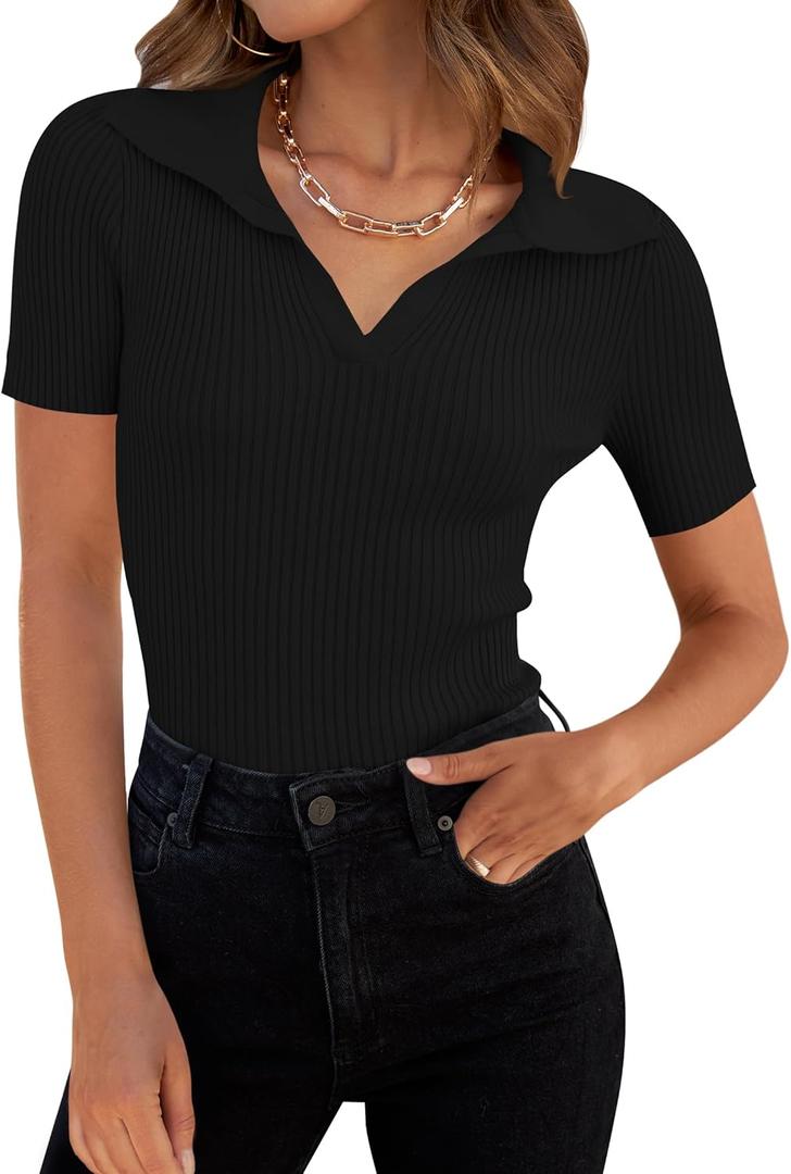 ZESICA Women's Short Sleeve V Neck T Shirts 2025 Summer Ribbed Knit Slim Fitted Basic Solid Color Tee Tops (Medium, Black) ZESICA Women's Short Sleeve V Neck T Shirts 2025 Summer Ribbed Knit Slim Fitted Basic Solid Color Tee Tops (Medium, Black)